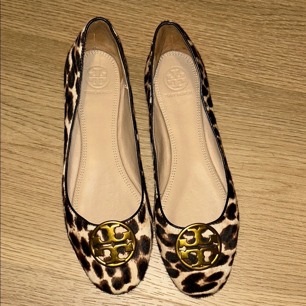 Tory Burch Animal Print Flats with Gold Accent